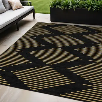 5' X 8' Black And Beige Geometric Washable Indoor Outdoor Area Rug