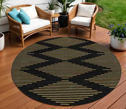 8' Black And Beige Round Geometric Washable Indoor Outdoor Area Rug