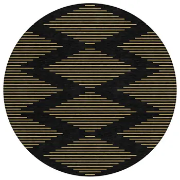 8' Black And Beige Round Geometric Washable Indoor Outdoor Area Rug