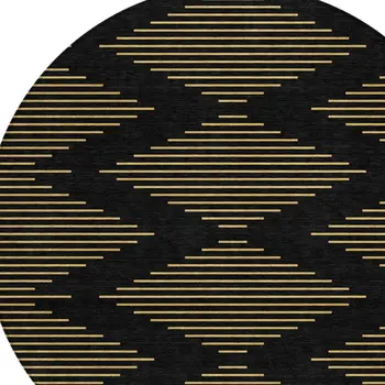 8' Black And Beige Round Geometric Washable Indoor Outdoor Area Rug