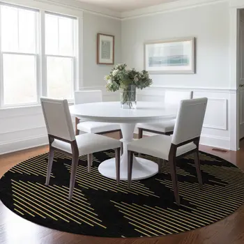 8' Black And Beige Round Geometric Washable Indoor Outdoor Area Rug