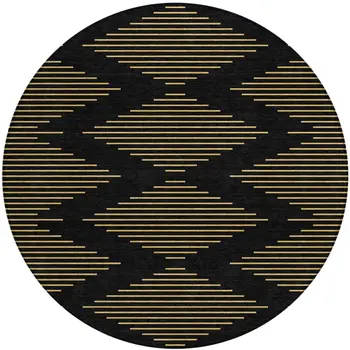 8' Black And Beige Round Geometric Washable Indoor Outdoor Area Rug
