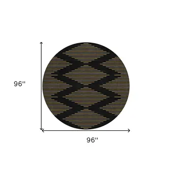 8' Black And Beige Round Geometric Washable Indoor Outdoor Area Rug
