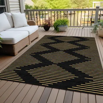 9' X 12' Black And Beige Geometric Washable Indoor Outdoor Area Rug