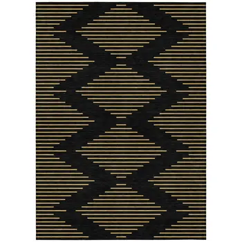 9' X 12' Black And Beige Geometric Washable Indoor Outdoor Area Rug