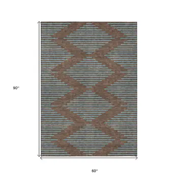 5' X 8' Brown And Aqua Geometric Washable Indoor Outdoor Area Rug