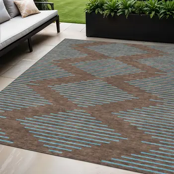 5' X 8' Brown And Aqua Geometric Washable Indoor Outdoor Area Rug