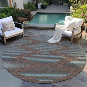 8' Brown And Aqua Round Geometric Washable Indoor Outdoor Area Rug