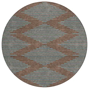 8' Brown And Aqua Round Geometric Washable Indoor Outdoor Area Rug