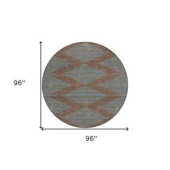 8' Brown And Aqua Round Geometric Washable Indoor Outdoor Area Rug