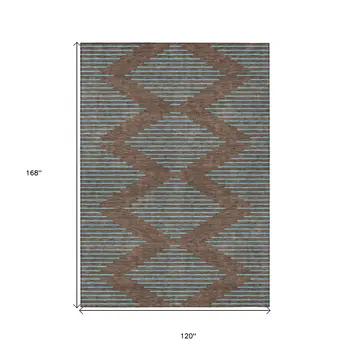 10' X 14' Brown And Aqua Geometric Washable Indoor Outdoor Area Rug