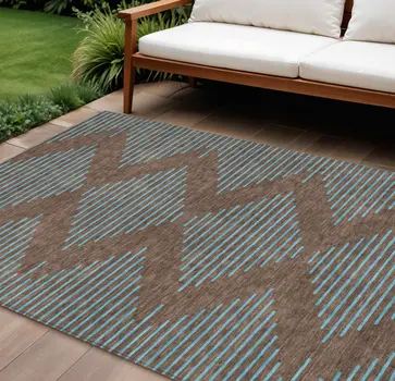 10' X 14' Brown And Aqua Geometric Washable Indoor Outdoor Area Rug