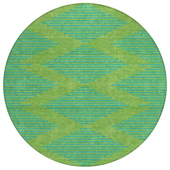 8' Green And Aqua Round Geometric Washable Indoor Outdoor Area Rug