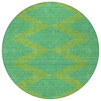 8' Green And Aqua Round Geometric Washable Indoor Outdoor Area Rug