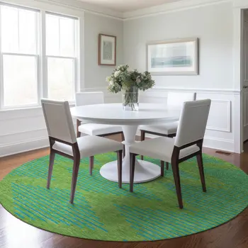 8' Green And Aqua Round Geometric Washable Indoor Outdoor Area Rug