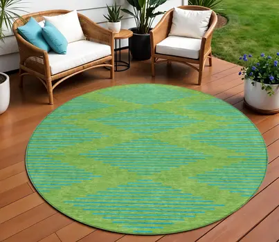 8' Green And Aqua Round Geometric Washable Indoor Outdoor Area Rug