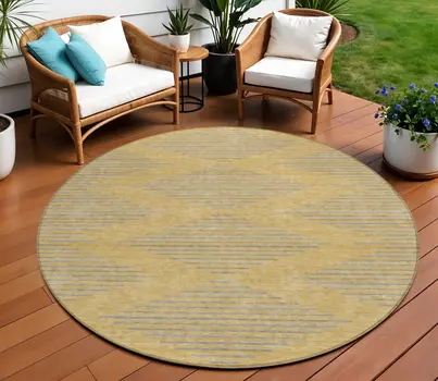 8' Gold And Ivory Round Geometric Washable Indoor Outdoor Area Rug