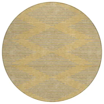 8' Gold And Ivory Round Geometric Washable Indoor Outdoor Area Rug
