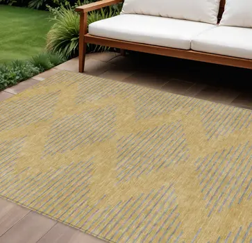 9' X 12' Gold And Ivory Geometric Washable Indoor Outdoor Area Rug