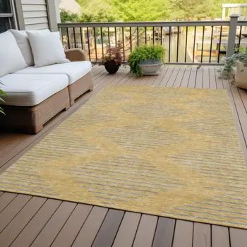 9' X 12' Gold And Ivory Geometric Washable Indoor Outdoor Area Rug