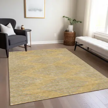 9' X 12' Gold And Ivory Geometric Washable Indoor Outdoor Area Rug
