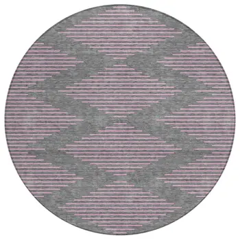 8' Gray And Pink Round Geometric Washable Indoor Outdoor Area Rug