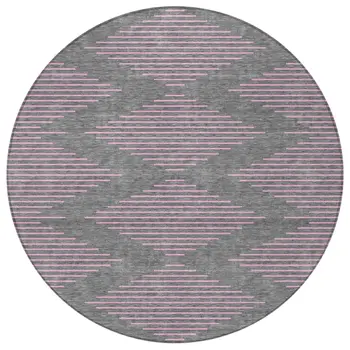 8' Gray And Pink Round Geometric Washable Indoor Outdoor Area Rug