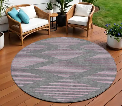 8' Gray And Pink Round Geometric Washable Indoor Outdoor Area Rug