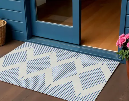 3' X 5' Ivory And Blue Geometric Washable Indoor Outdoor Area Rug