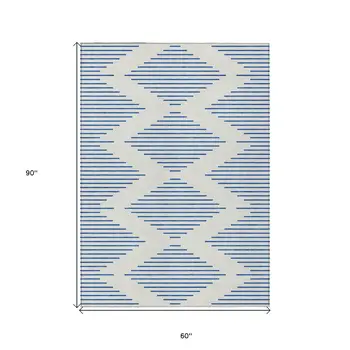 5' X 8' Ivory And Blue Geometric Washable Indoor Outdoor Area Rug