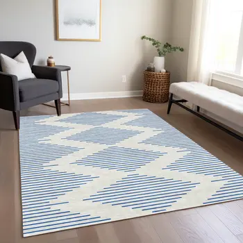 5' X 8' Ivory And Blue Geometric Washable Indoor Outdoor Area Rug