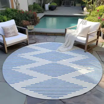 8' Ivory And Blue Round Geometric Washable Indoor Outdoor Area Rug