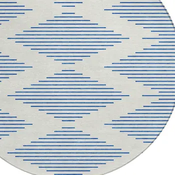 8' Ivory And Blue Round Geometric Washable Indoor Outdoor Area Rug