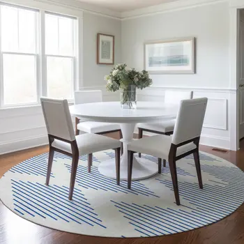 8' Ivory And Blue Round Geometric Washable Indoor Outdoor Area Rug