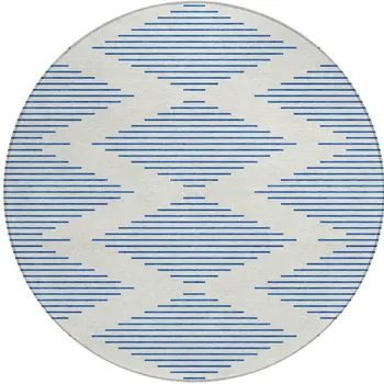 8' Ivory And Blue Round Geometric Washable Indoor Outdoor Area Rug