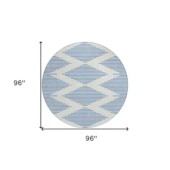 8' Ivory And Blue Round Geometric Washable Indoor Outdoor Area Rug