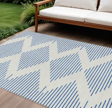 10' X 14' Ivory And Blue Geometric Washable Indoor Outdoor Area Rug
