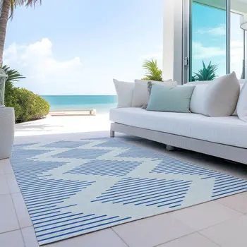 10' X 14' Ivory And Blue Geometric Washable Indoor Outdoor Area Rug
