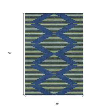 3' X 5' Navy Blue And Yellow Geometric Washable Indoor Outdoor Area Rug