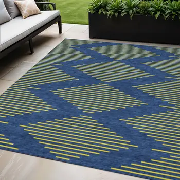 5' X 8' Navy Blue And Yellow Geometric Washable Indoor Outdoor Area Rug