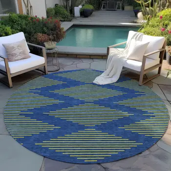 8' Navy Blue And Yellow Round Geometric Washable Indoor Outdoor Area Rug