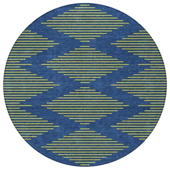 8' Navy Blue And Yellow Round Geometric Washable Indoor Outdoor Area Rug