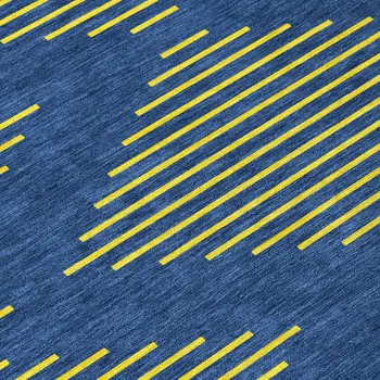 8' Navy Blue And Yellow Round Geometric Washable Indoor Outdoor Area Rug