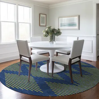 8' Navy Blue And Yellow Round Geometric Washable Indoor Outdoor Area Rug