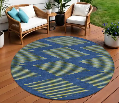 8' Navy Blue And Yellow Round Geometric Washable Indoor Outdoor Area Rug