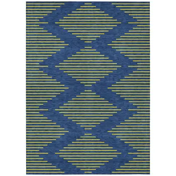 8' X 10' Navy Blue And Yellow Geometric Washable Indoor Outdoor Area Rug