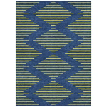 8' X 10' Navy Blue And Yellow Geometric Washable Indoor Outdoor Area Rug