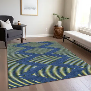 8' X 10' Navy Blue And Yellow Geometric Washable Indoor Outdoor Area Rug