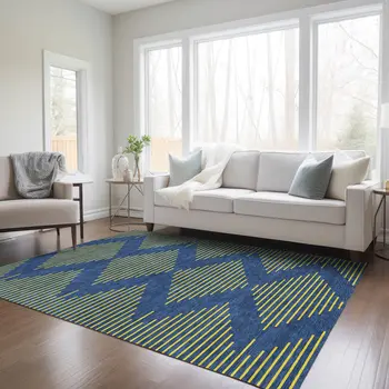 8' X 10' Navy Blue And Yellow Geometric Washable Indoor Outdoor Area Rug