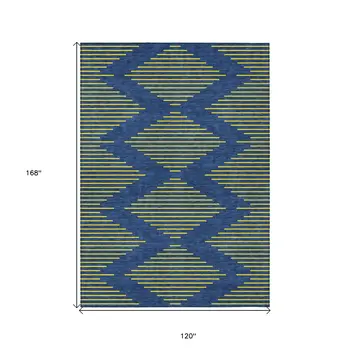 10' X 14' Navy Blue And Yellow Geometric Washable Indoor Outdoor Area Rug